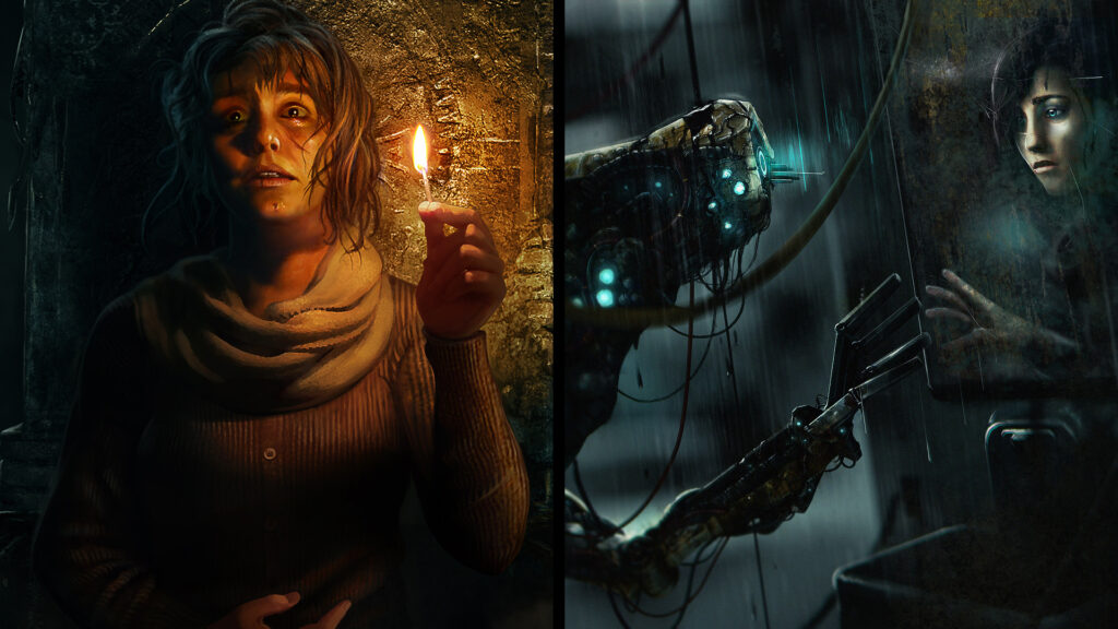 Two artworks of Frictional Games' games, Amnesia: Rebirth and SOMA. The one on the left has terrified Tasi Trianon holding a lit match and the one on the right has a robot looking at itself in a dirty mirror, seeing a woman.