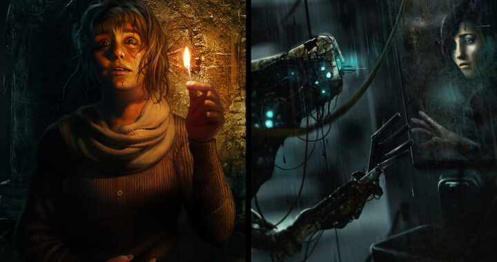 Two artworks of Frictional Games' games, Amnesia: Rebirth and SOMA. The one on the left has terrified Tasi Trianon holding a lit match and the one on the right has a robot looking at itself in a dirty mirror, seeing a woman.