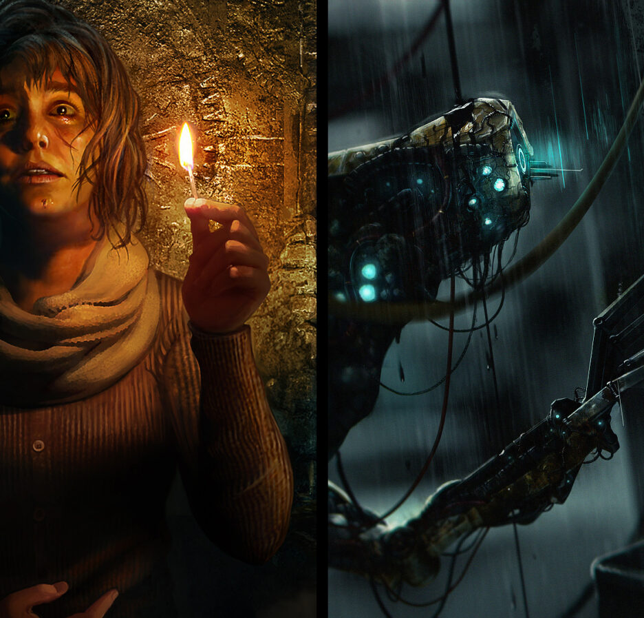 Two artworks of Frictional Games' games, Amnesia: Rebirth and SOMA. The one on the left has terrified Tasi Trianon holding a lit match and the one on the right has a robot looking at itself in a dirty mirror, seeing a woman.